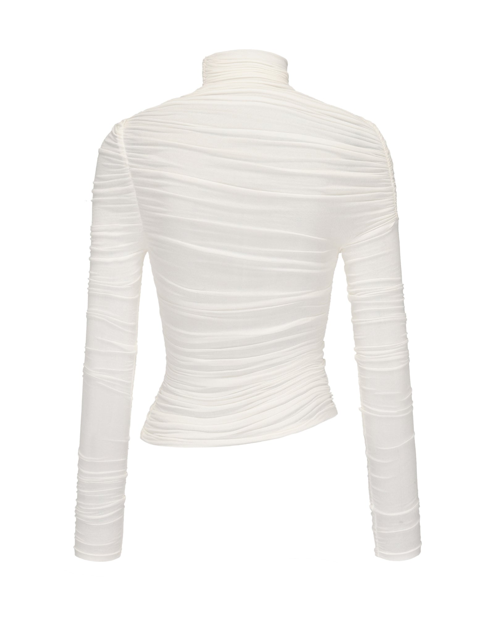 White ribbed turtleneck long sleeve top on a white background