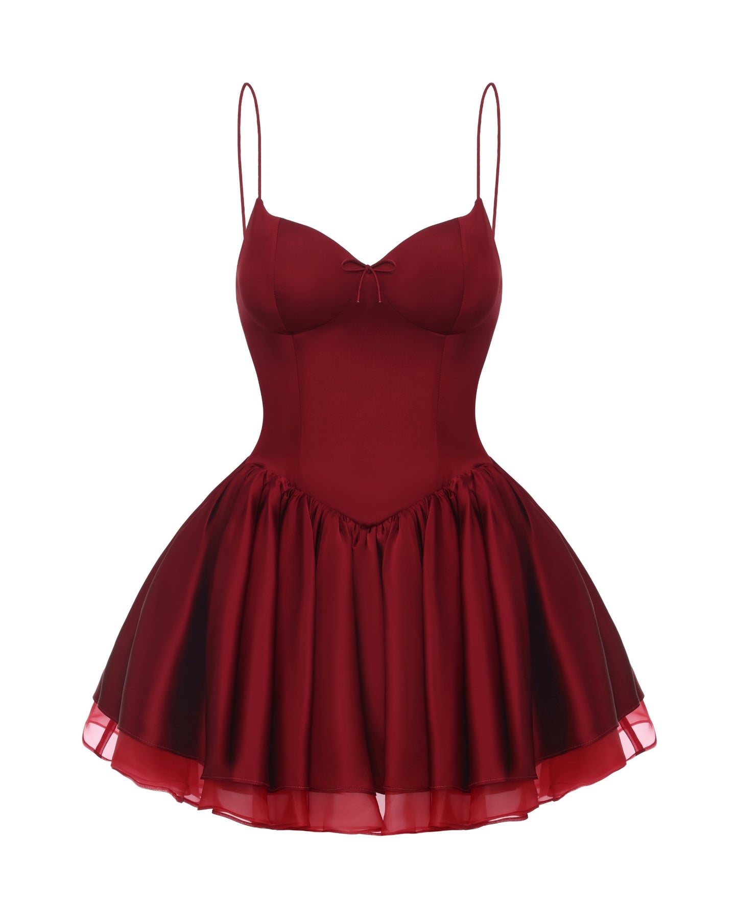 Red satin mini dress with thin straps on a white background