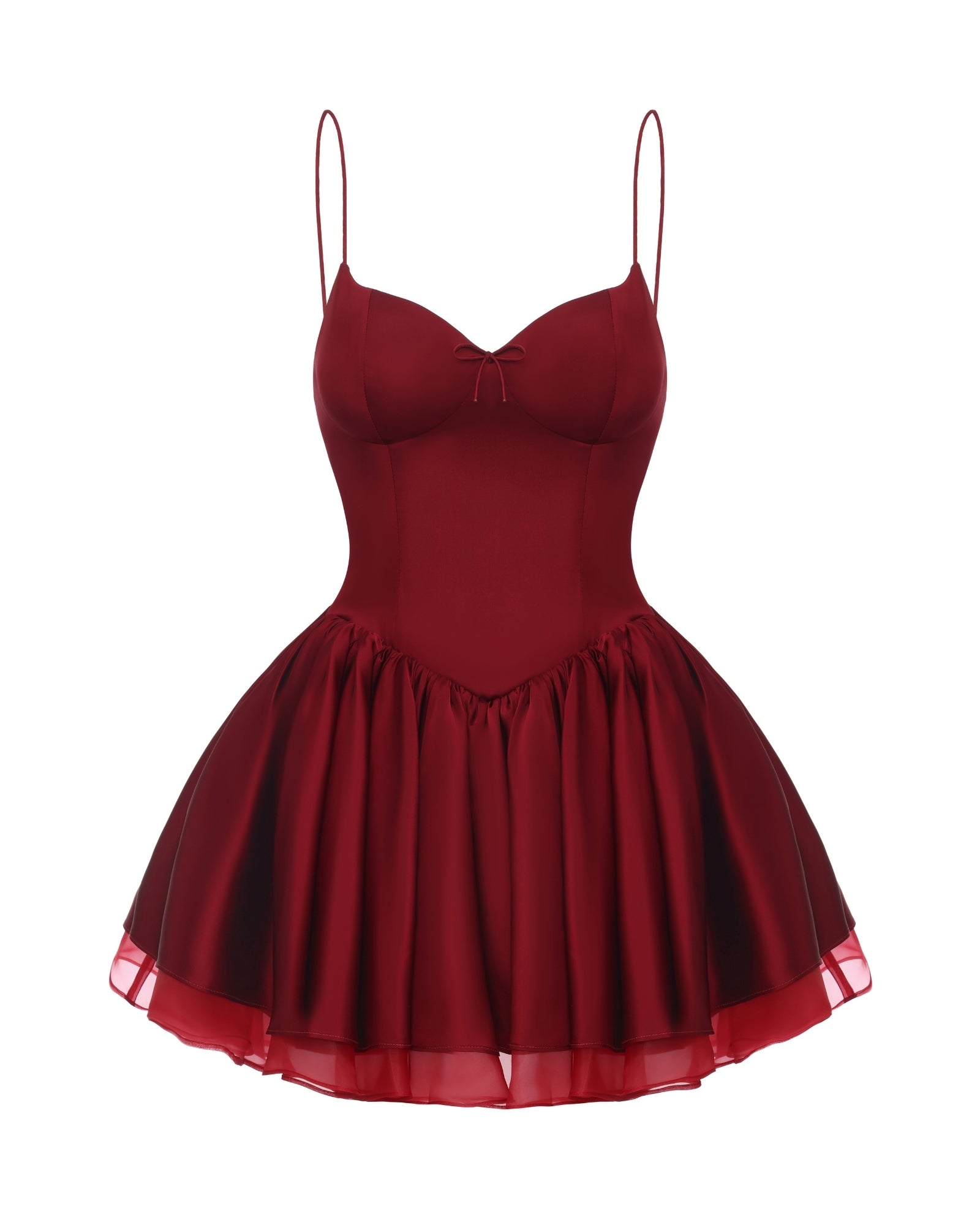 Red satin mini dress with thin straps on a white background