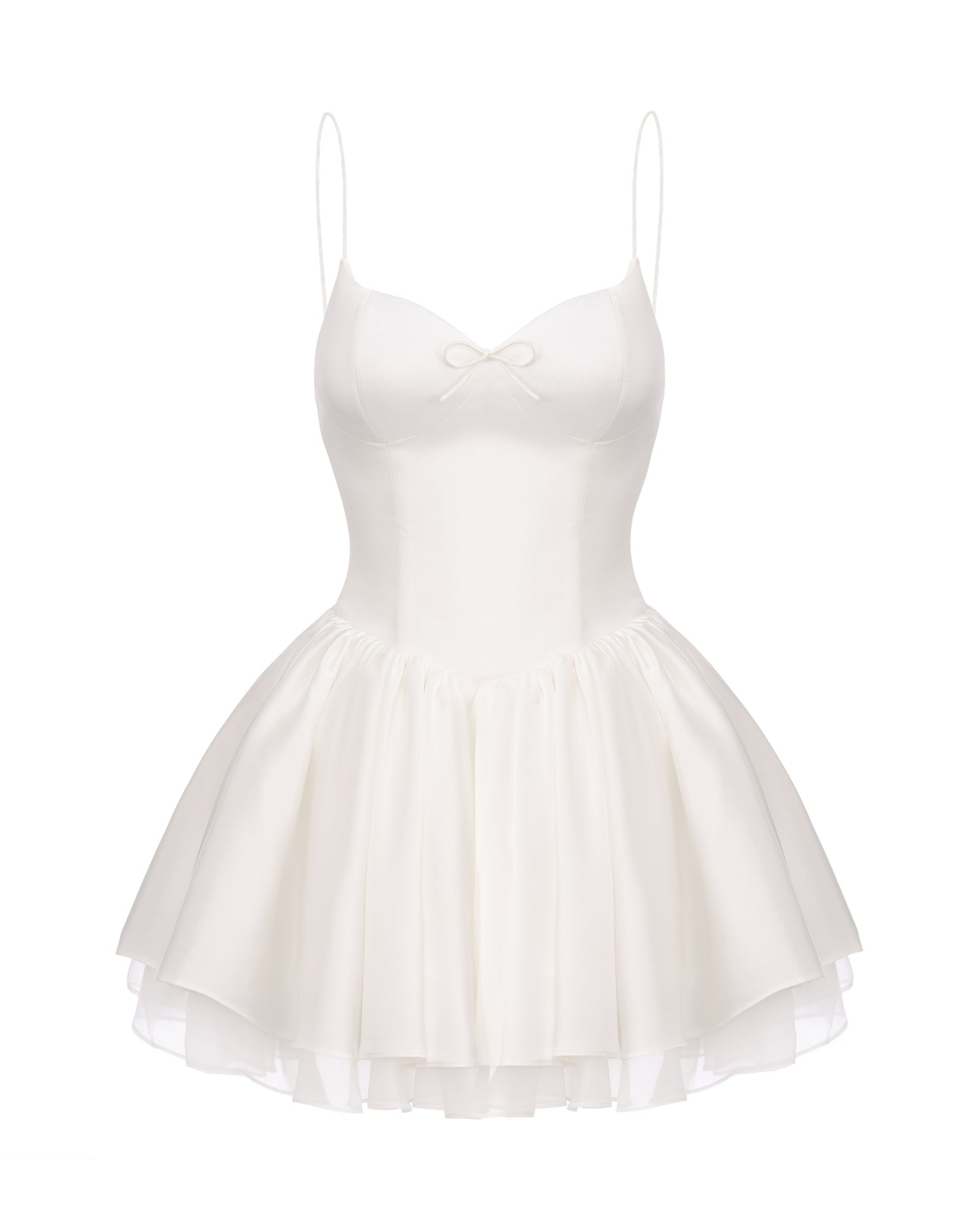 White satin mini dress with thin straps on a white background
