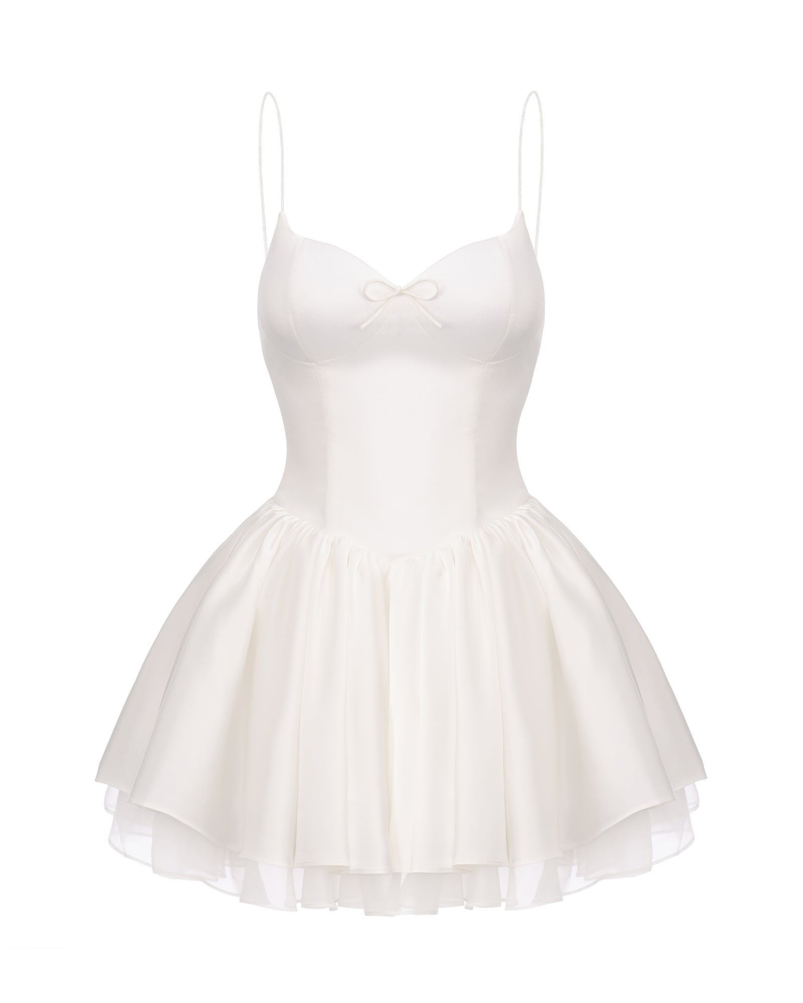 White satin mini dress with thin straps on a white background
