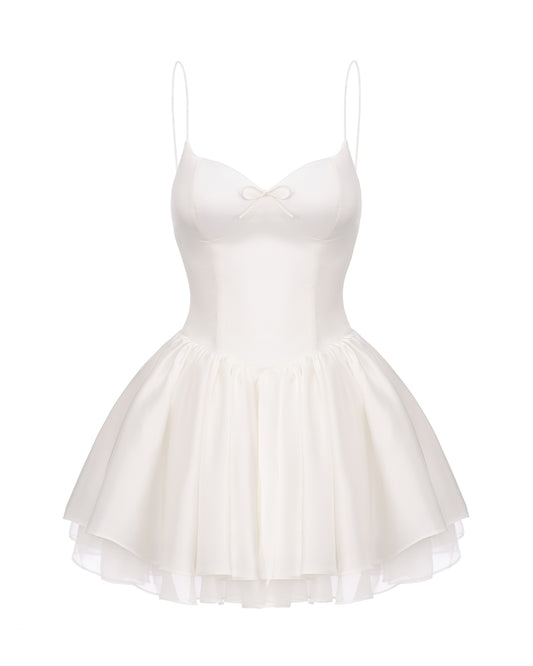 White satin mini dress with thin straps on a white background
