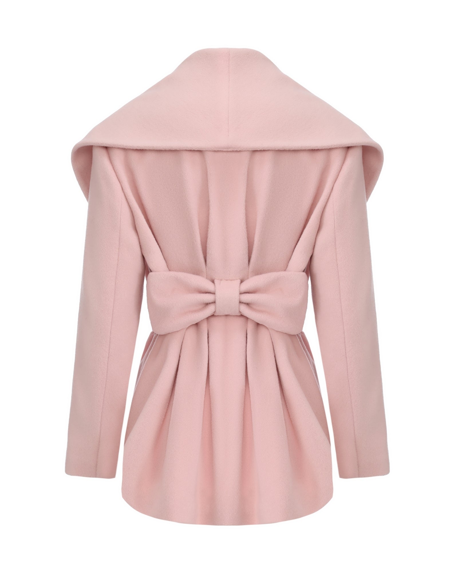 Pink coat with a bow detail on a white background