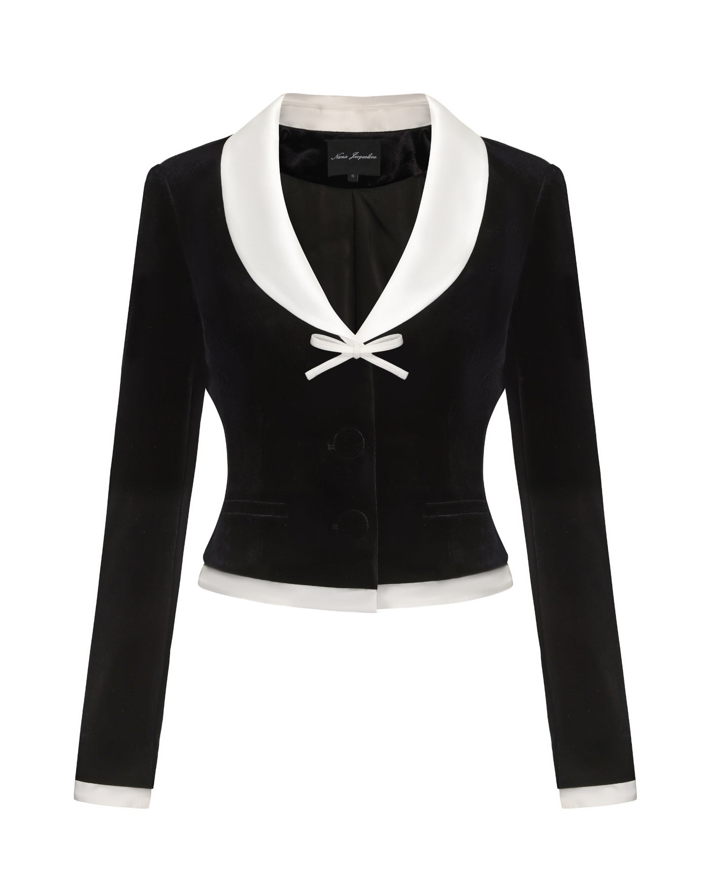 Black blazer with white trim on a white background