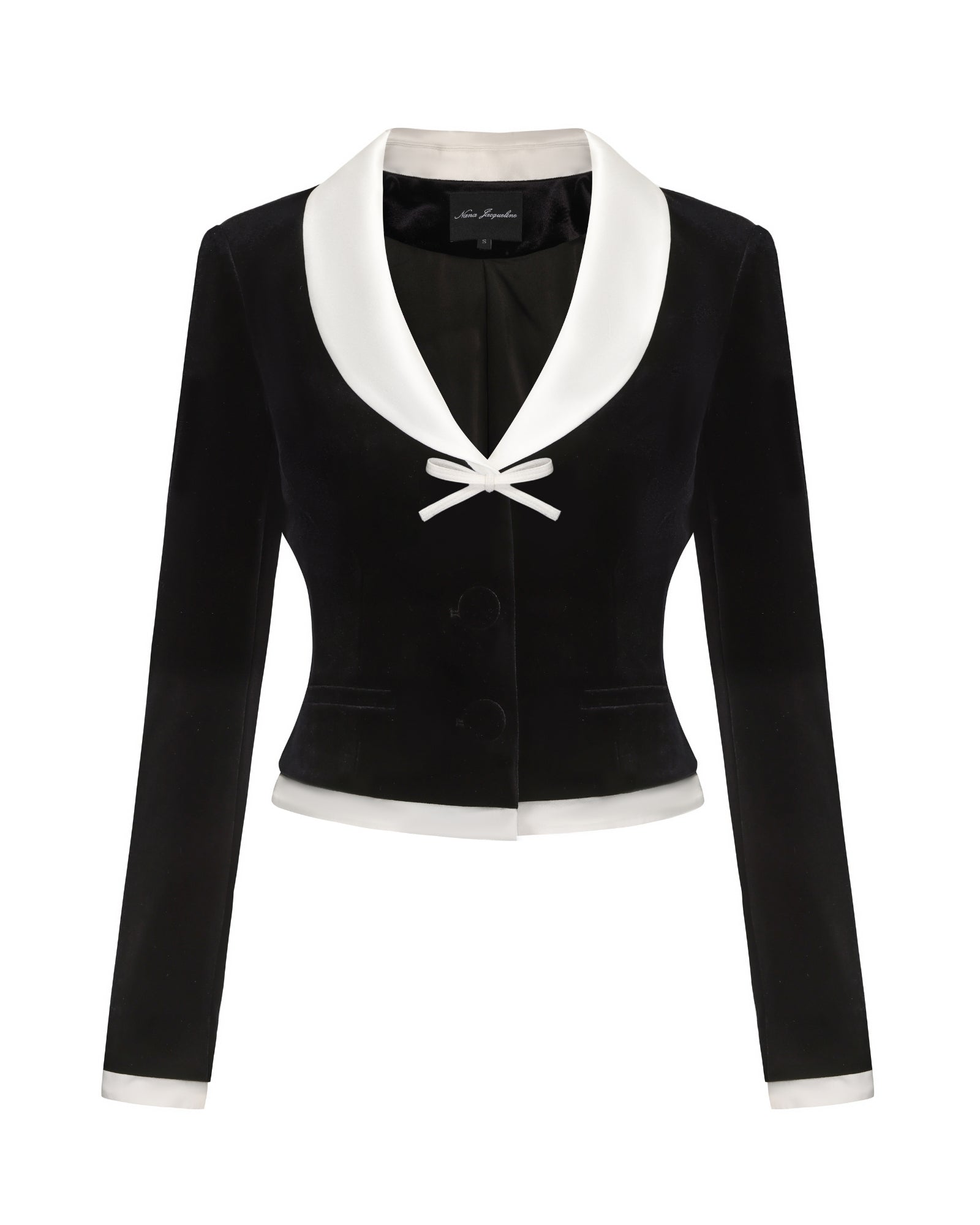Black blazer with white trim on a white background
