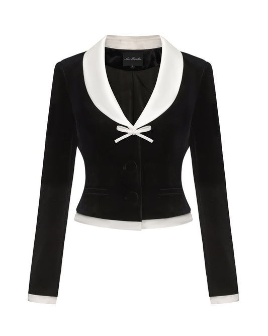 Black blazer with white trim on a white background