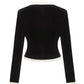 Black long-sleeve blazer with white trim on a white background