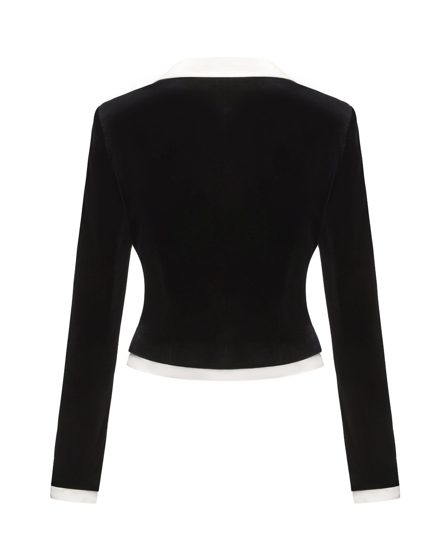 Black long-sleeve blazer with white trim on a white background