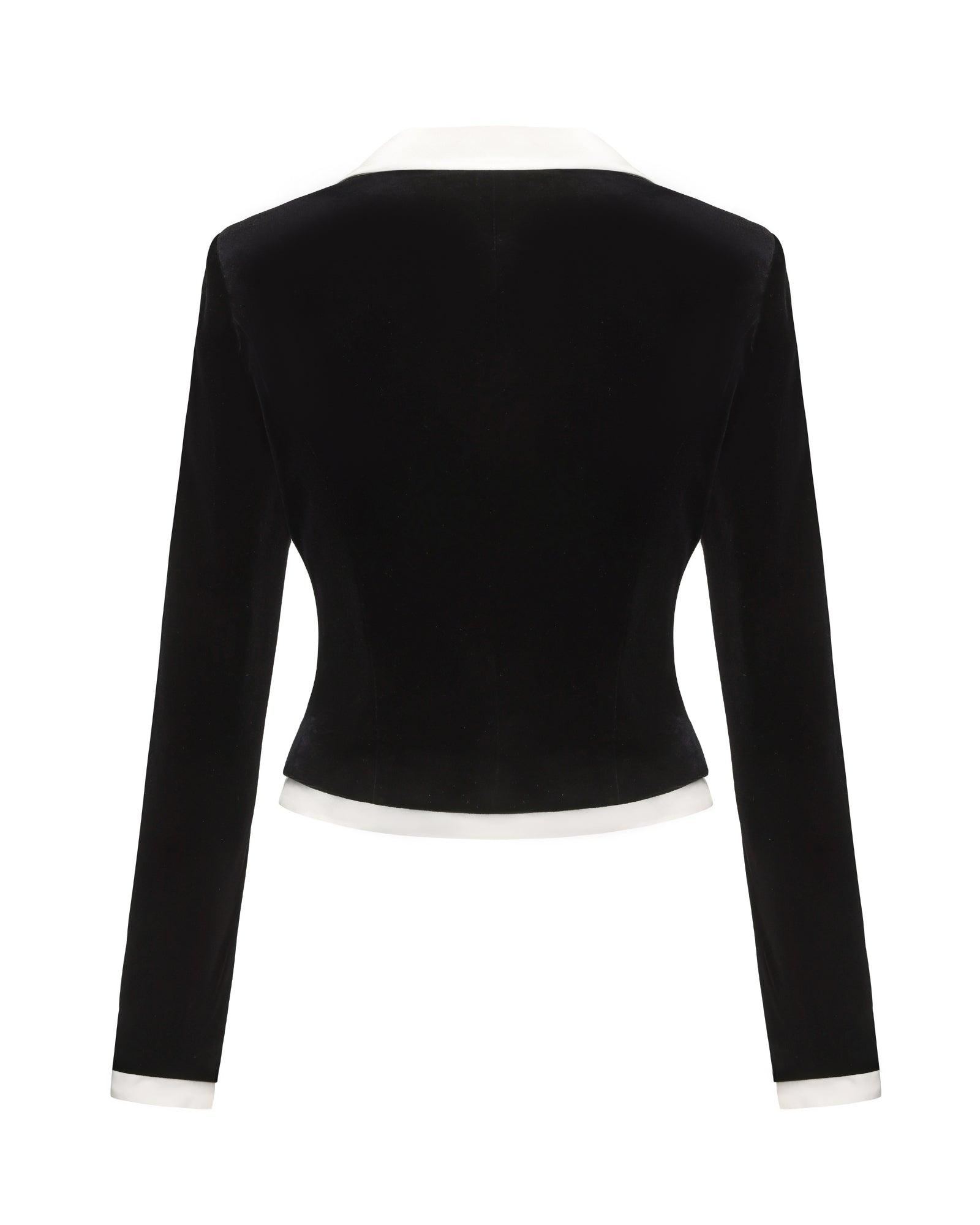 Black long-sleeve blazer with white trim on a white background