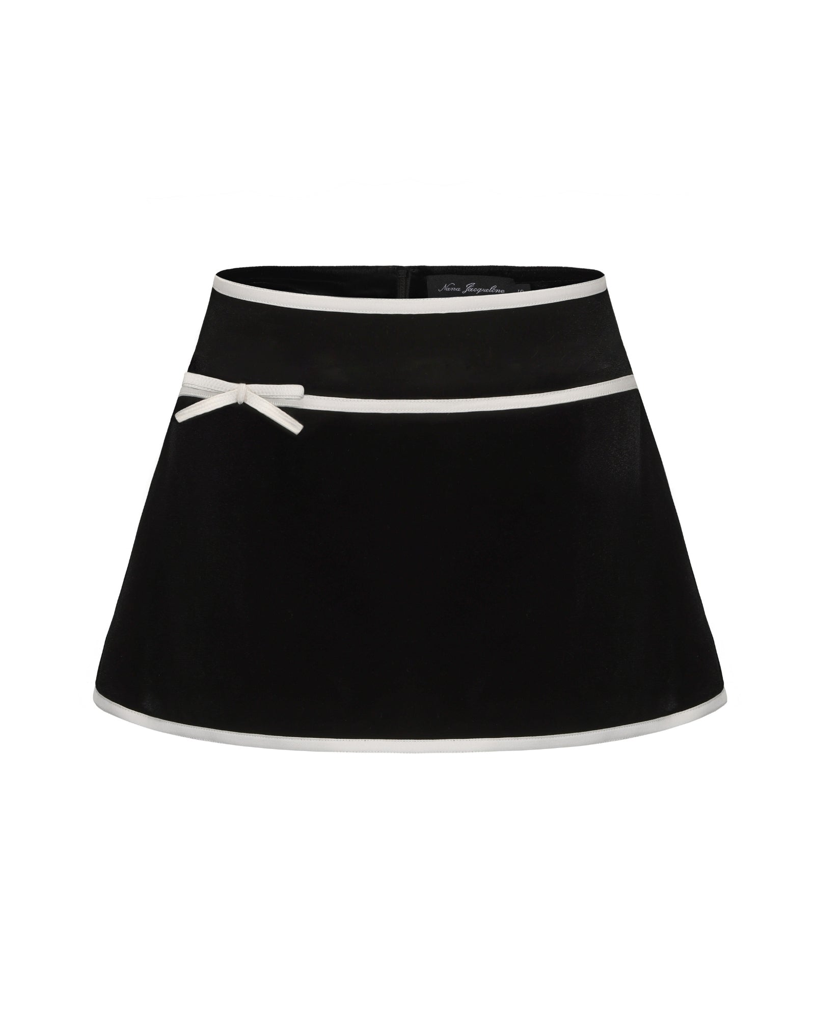 Black mini velvet skirt with white trim and bow detail
