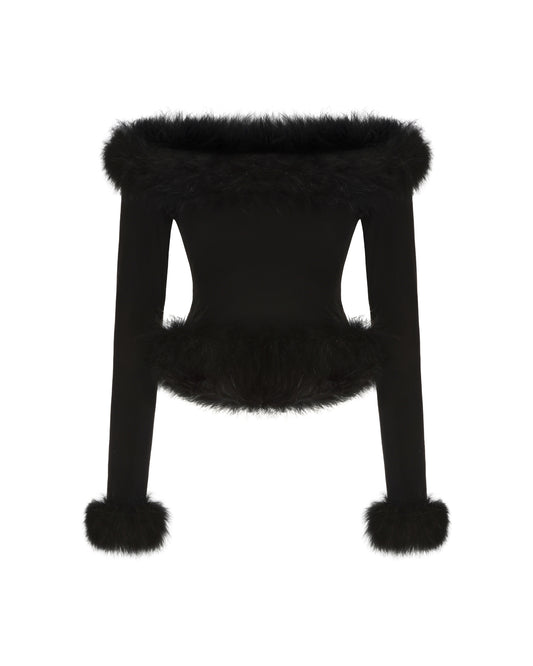 Black furry knitted top on a white background