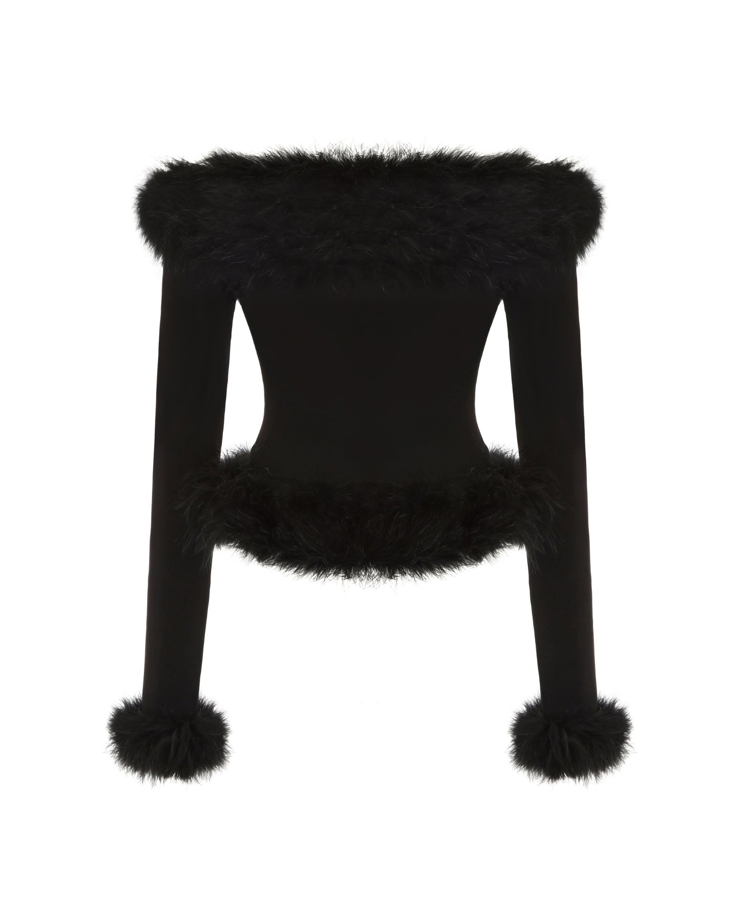 Black knitted top with fur trim on a white background