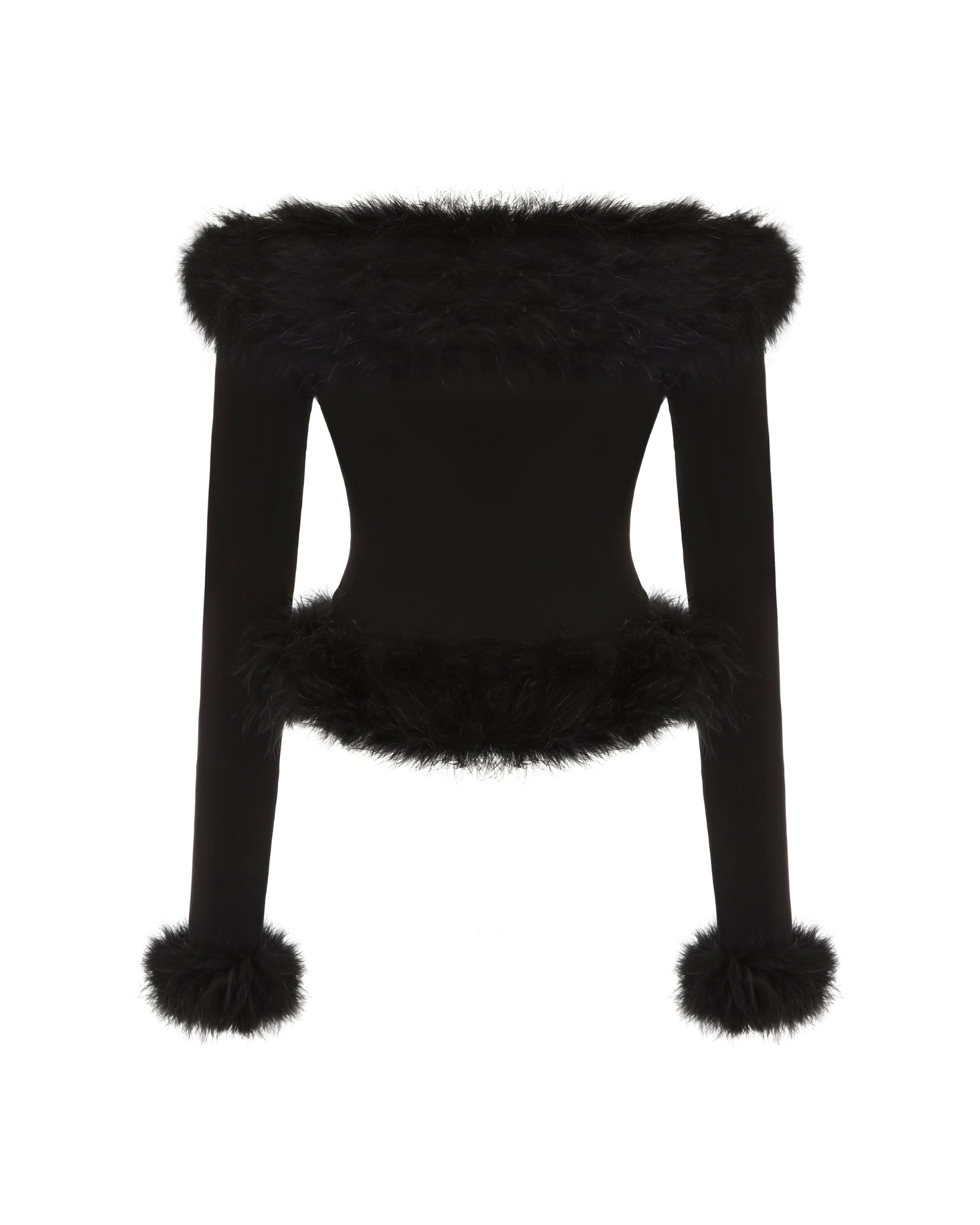 Black knitted top with fur trim on a white background
