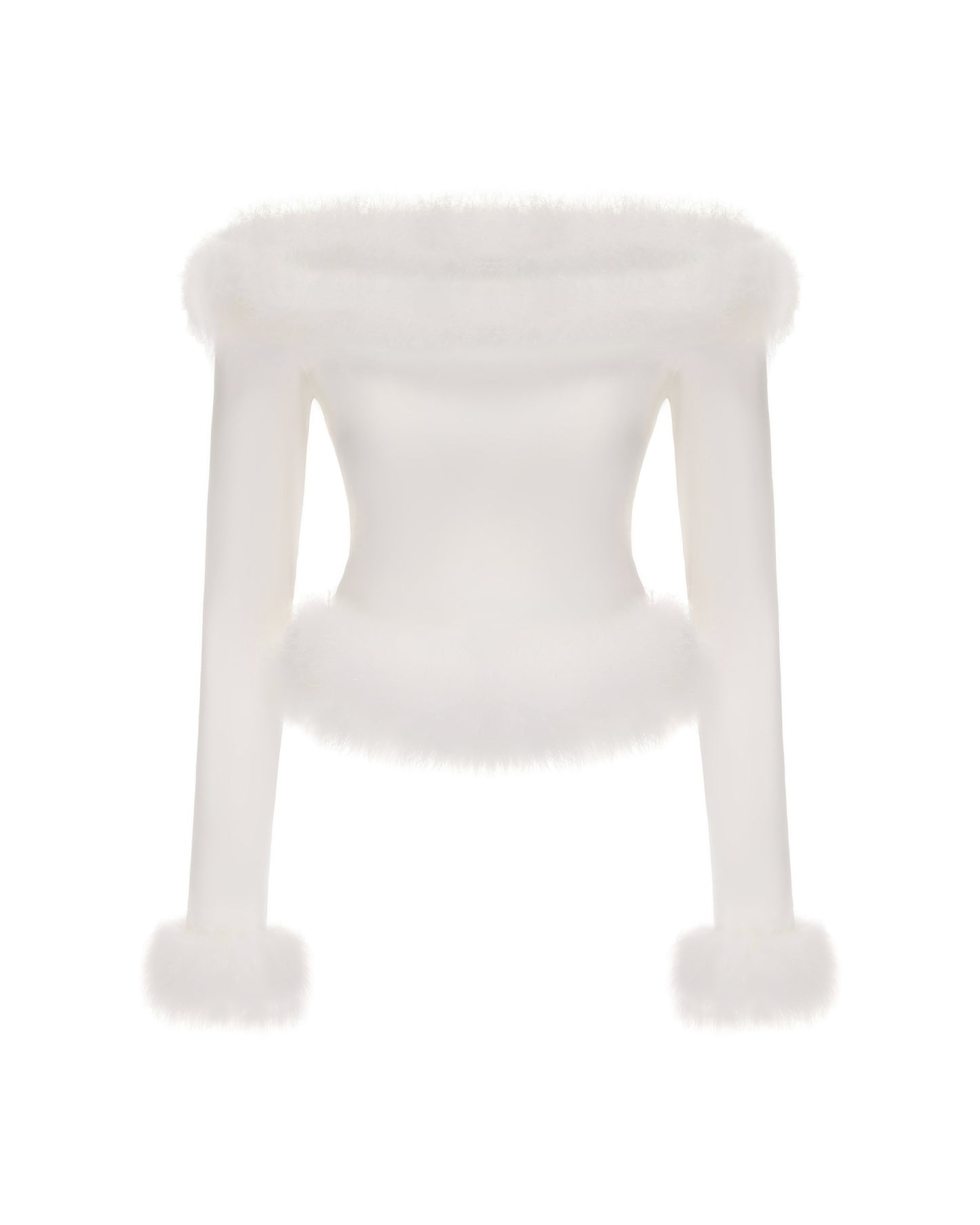 White long sleeve furry knitted top on a white background