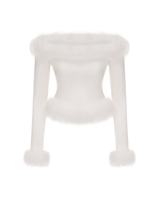 White long sleeve furry knitted top on a white background