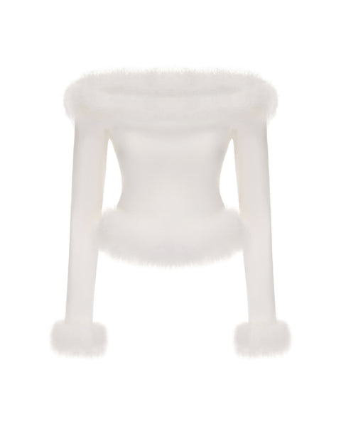 Viola Feather Top (White) | Elegant Off-Shoulder Furry Knit Winter