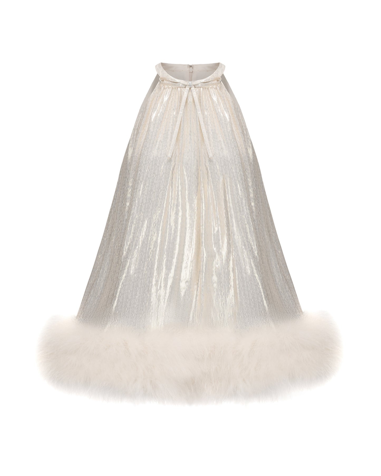 White shimmery mini dress with faux fur on a white background