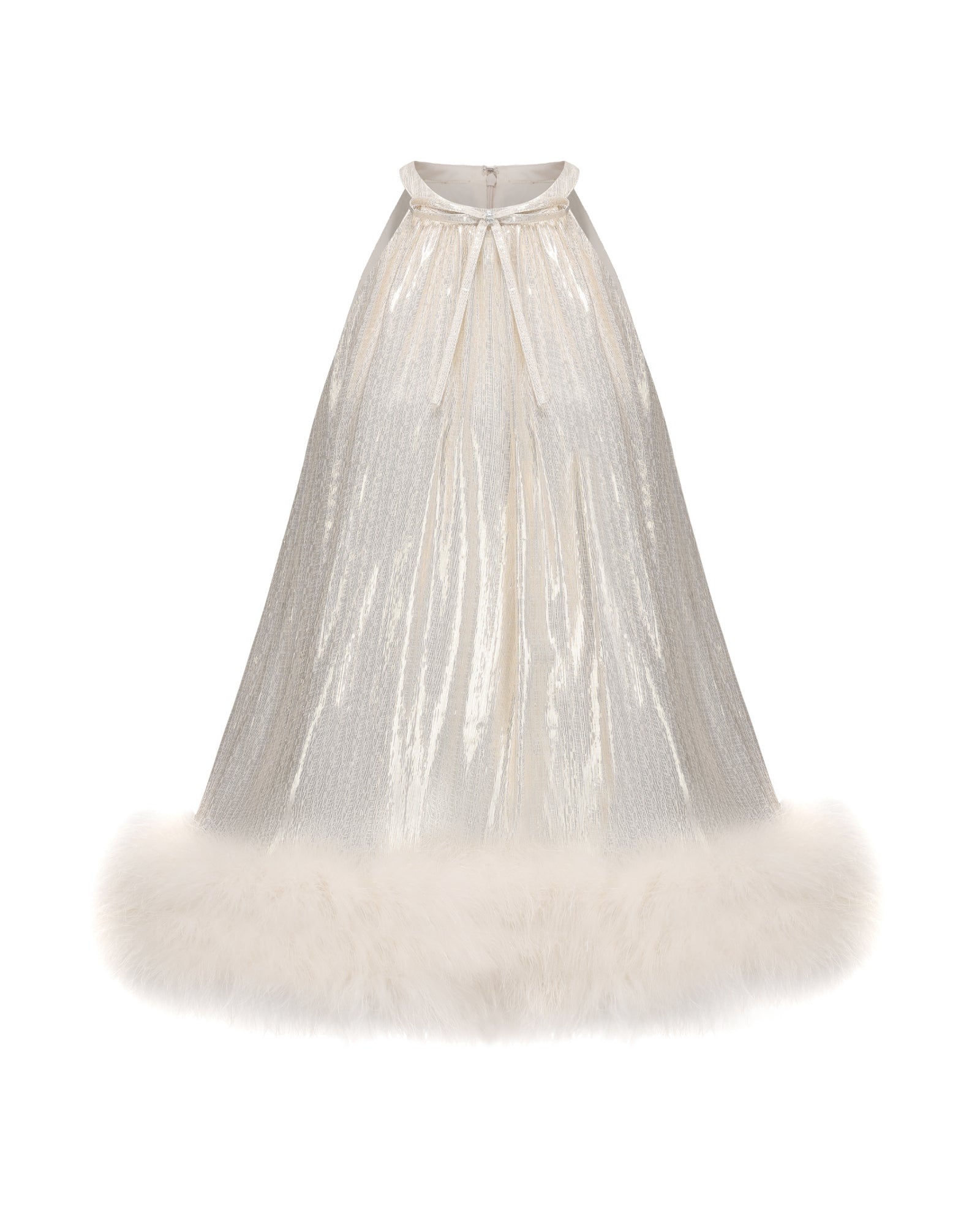 White shimmery mini dress with faux fur on a white background