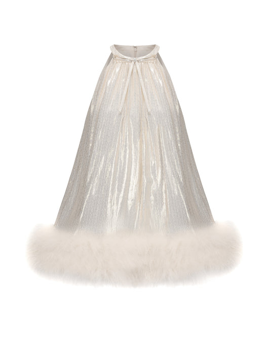White shimmery mini dress with faux fur on a white background