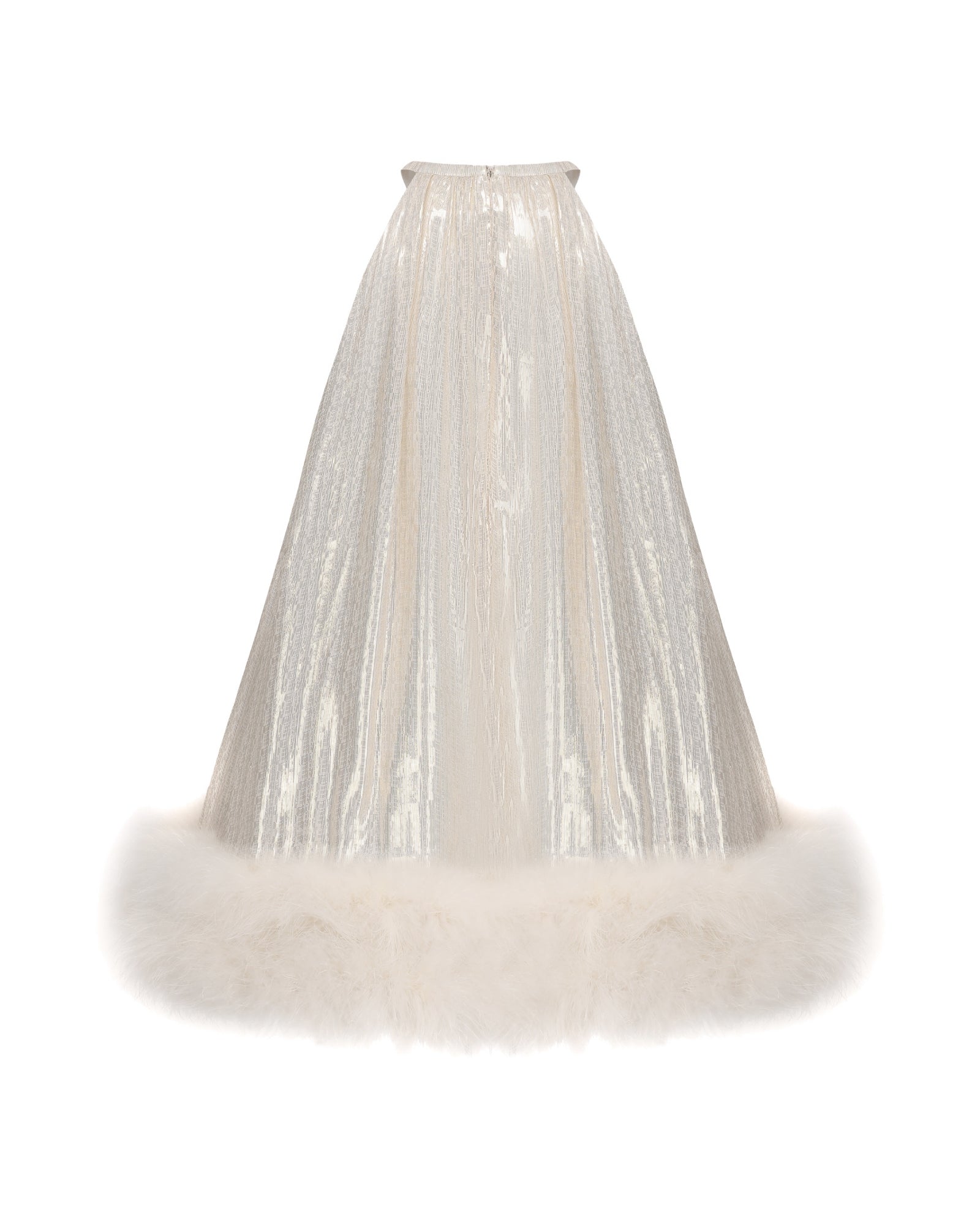 White shimmery mini dress with faux fur on a white background
