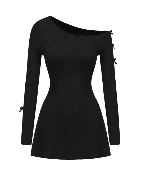 Black long-sleeve knit dress on a white background