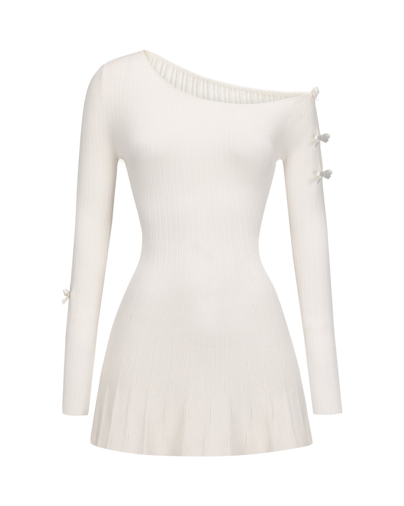 Zara Dress (White) | Knit Off-Shoulder Mini Dress with Bow