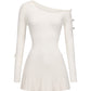 White ribbed knit dress with button details on a white background