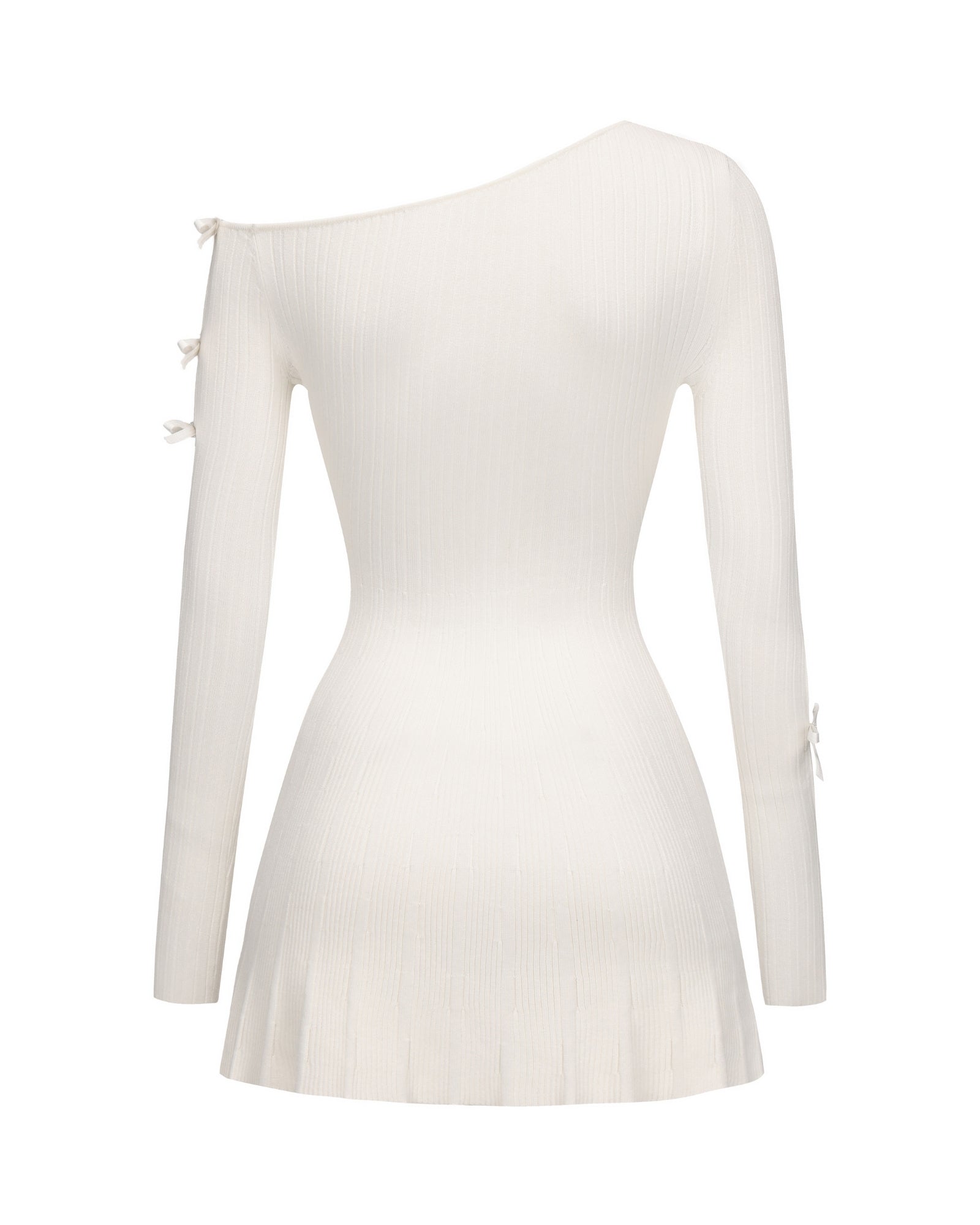 White long-sleeve dress with a unique shoulder design on a white background