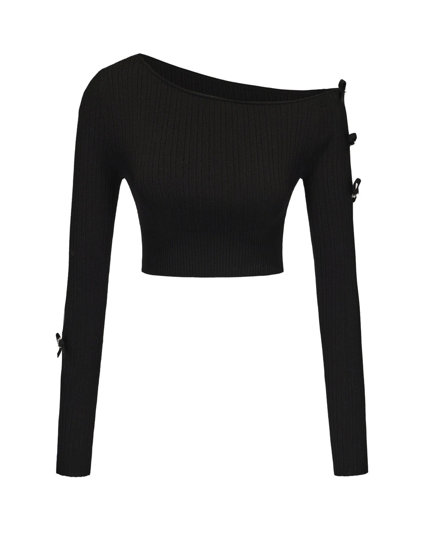 Black ribbed long-sleeve crop top on a white background