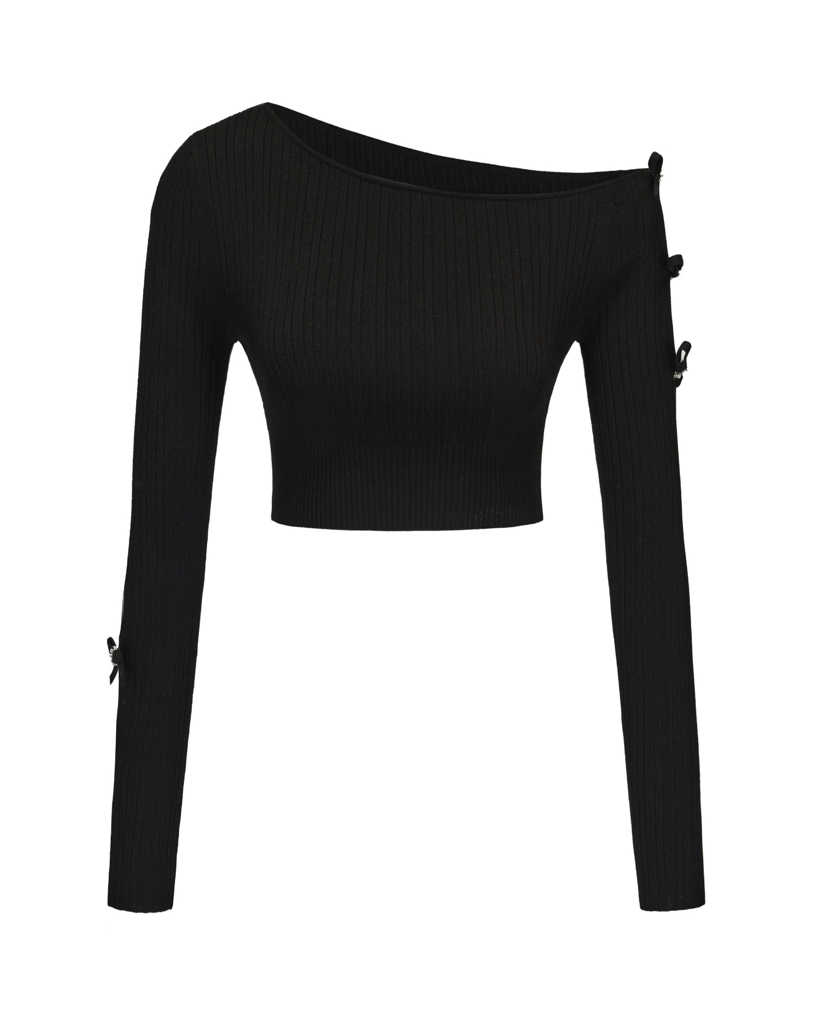 Black ribbed long-sleeve crop top on a white background