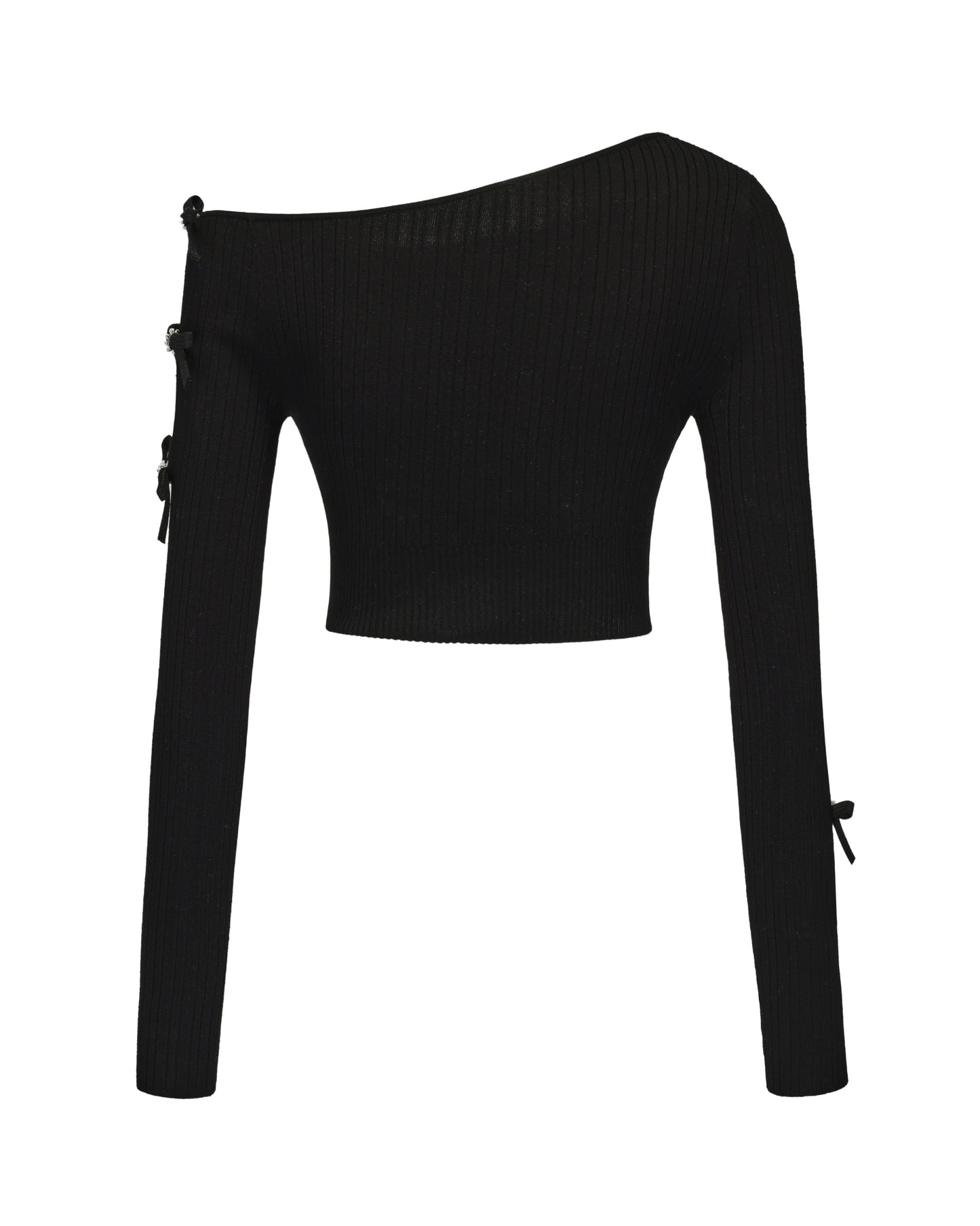 Black one-shoulder top with long sleeves on a white background