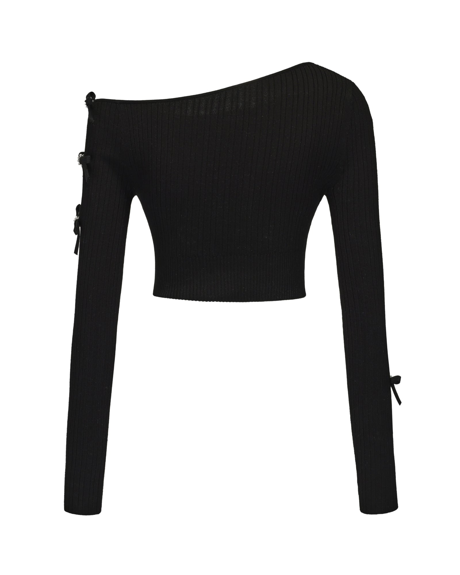 Black one-shoulder top with long sleeves on a white background