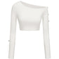 White one-shoulder long-sleeve top on a white background