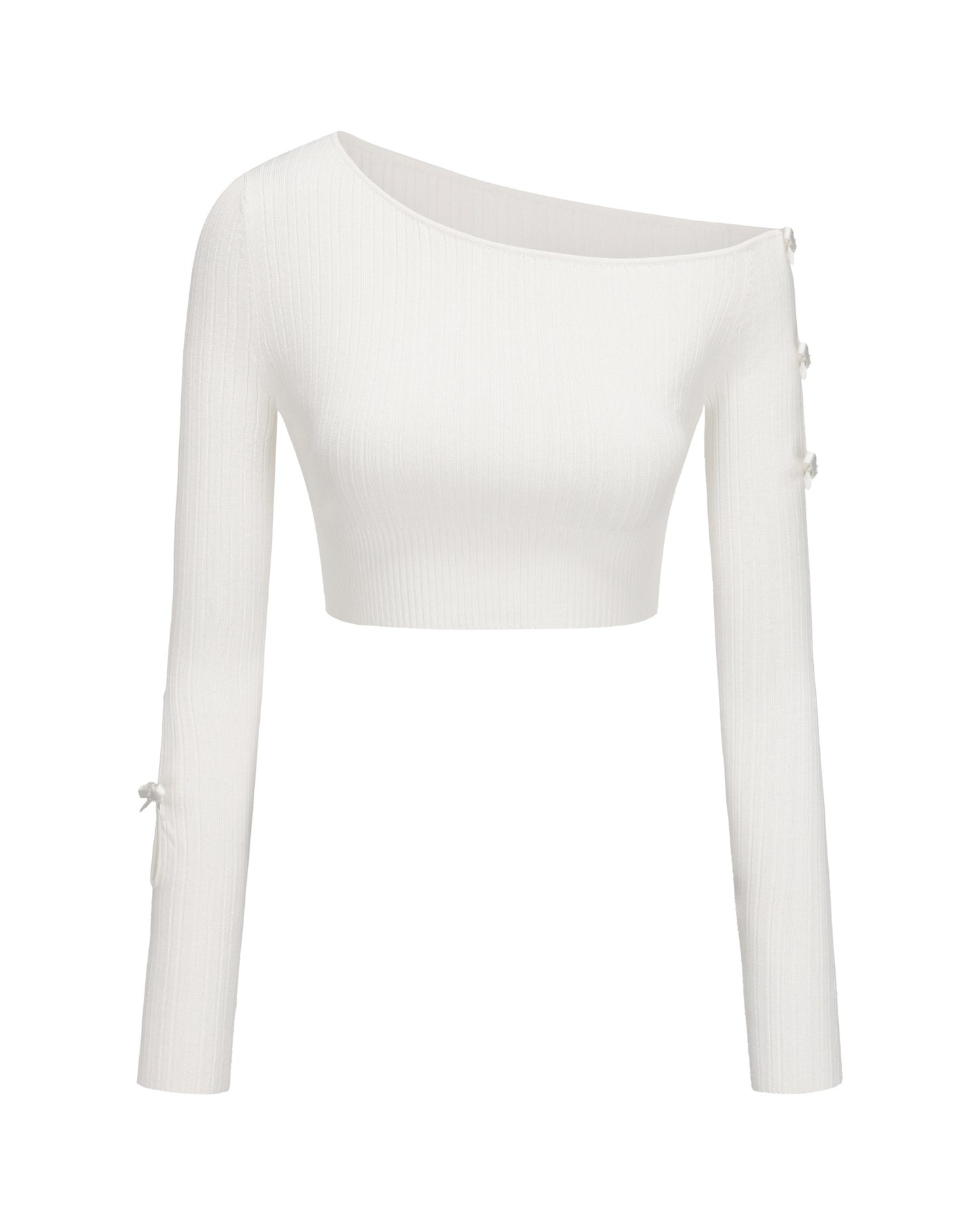 White one-shoulder long-sleeve top on a white background