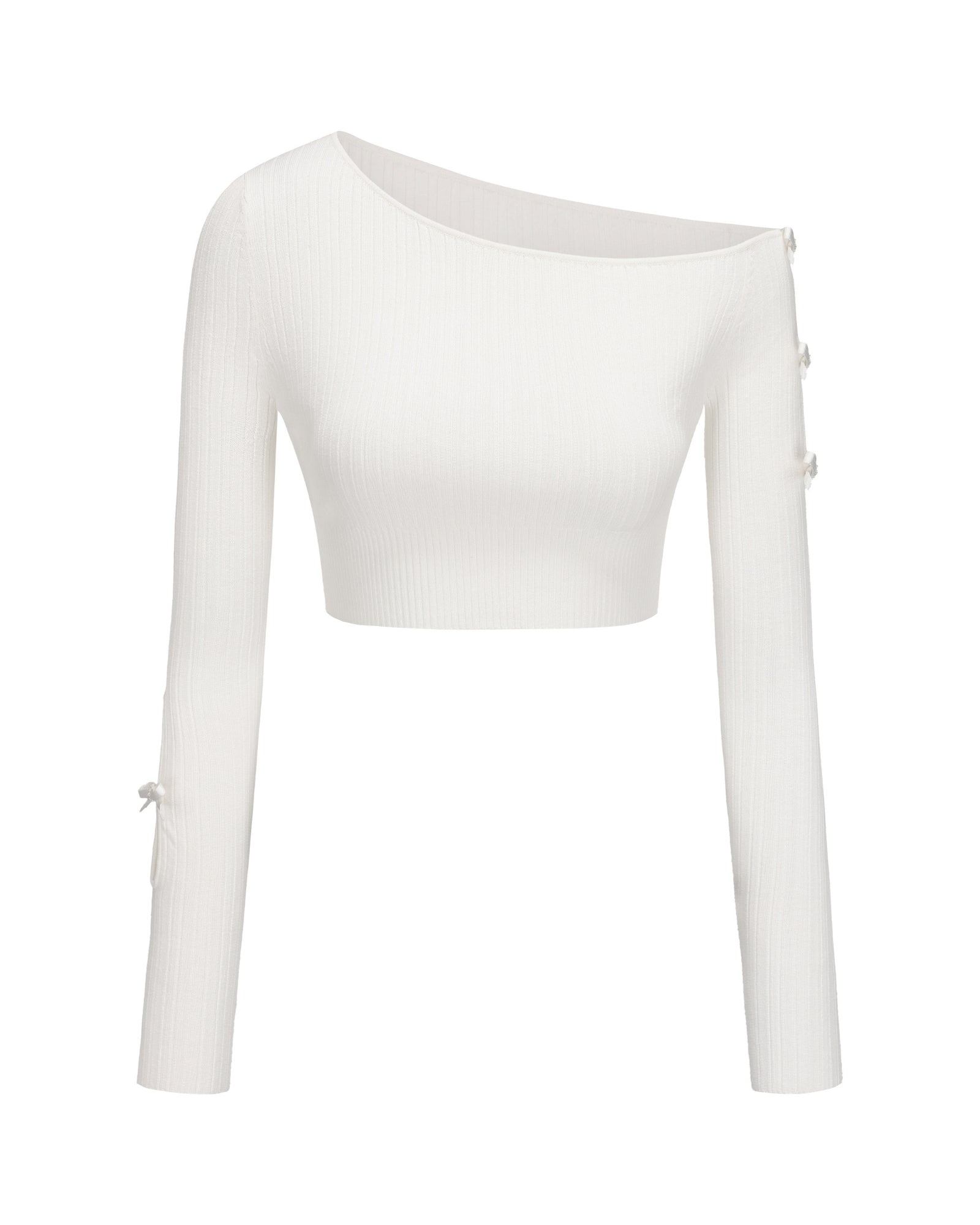 White one-shoulder long-sleeve top on a white background