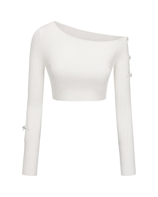 White one-shoulder long-sleeve top on a white background