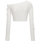 White one-shoulder top with long sleeves on a white background