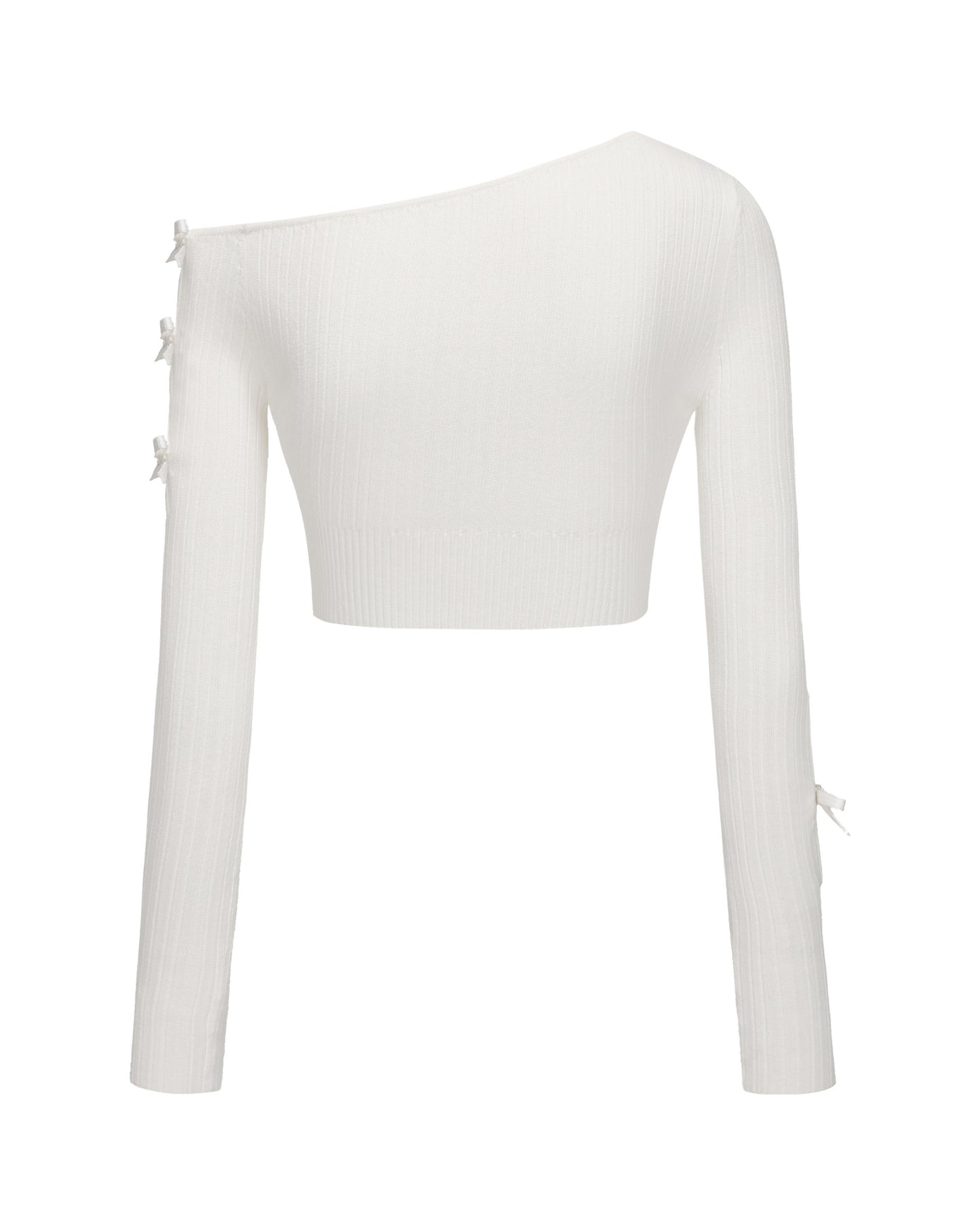 White one-shoulder top with long sleeves on a white background