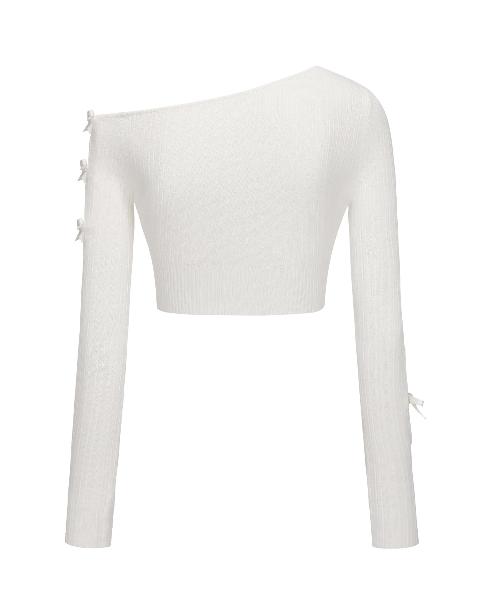 Zara Top (White) Off-Shoulder Ribbed Knit with Sleeve Bow Detail