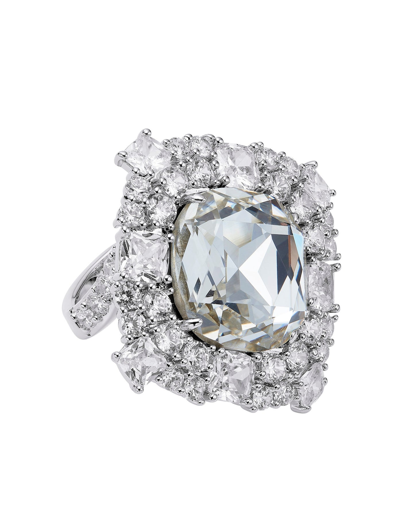 Diamond ring with a central gemstone on a white background