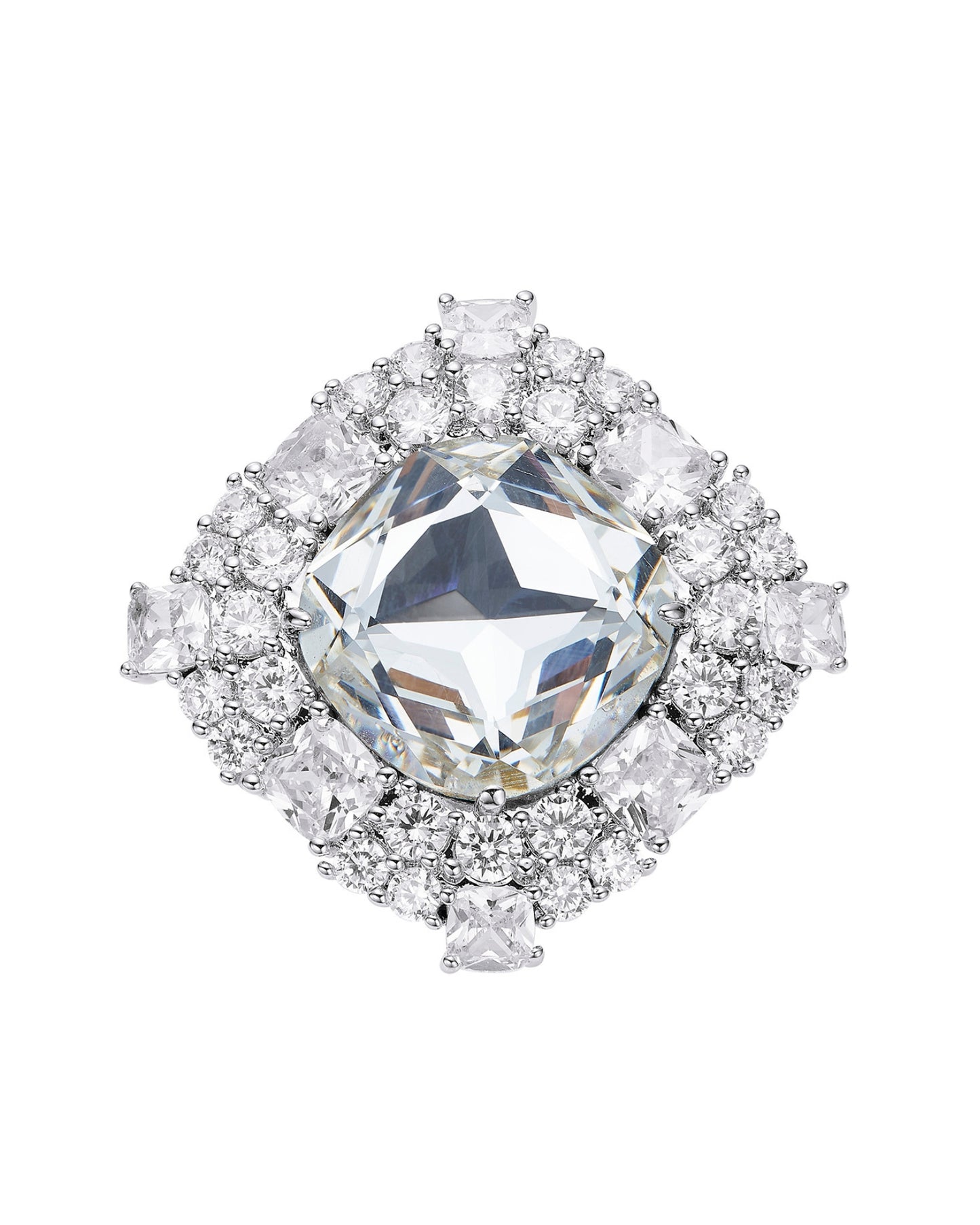 Diamond ring with a large central gemstone and smaller diamonds around on a white background