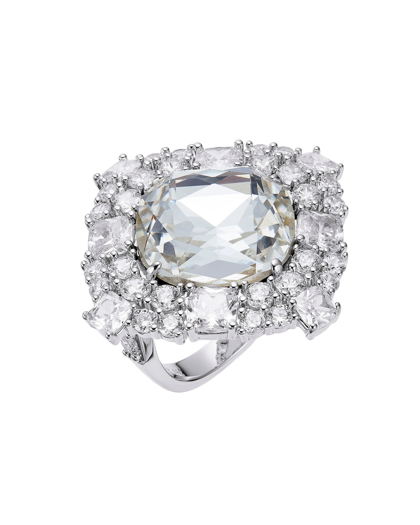 Elegant silver ring with a large central gemstone and smaller stones on a white background