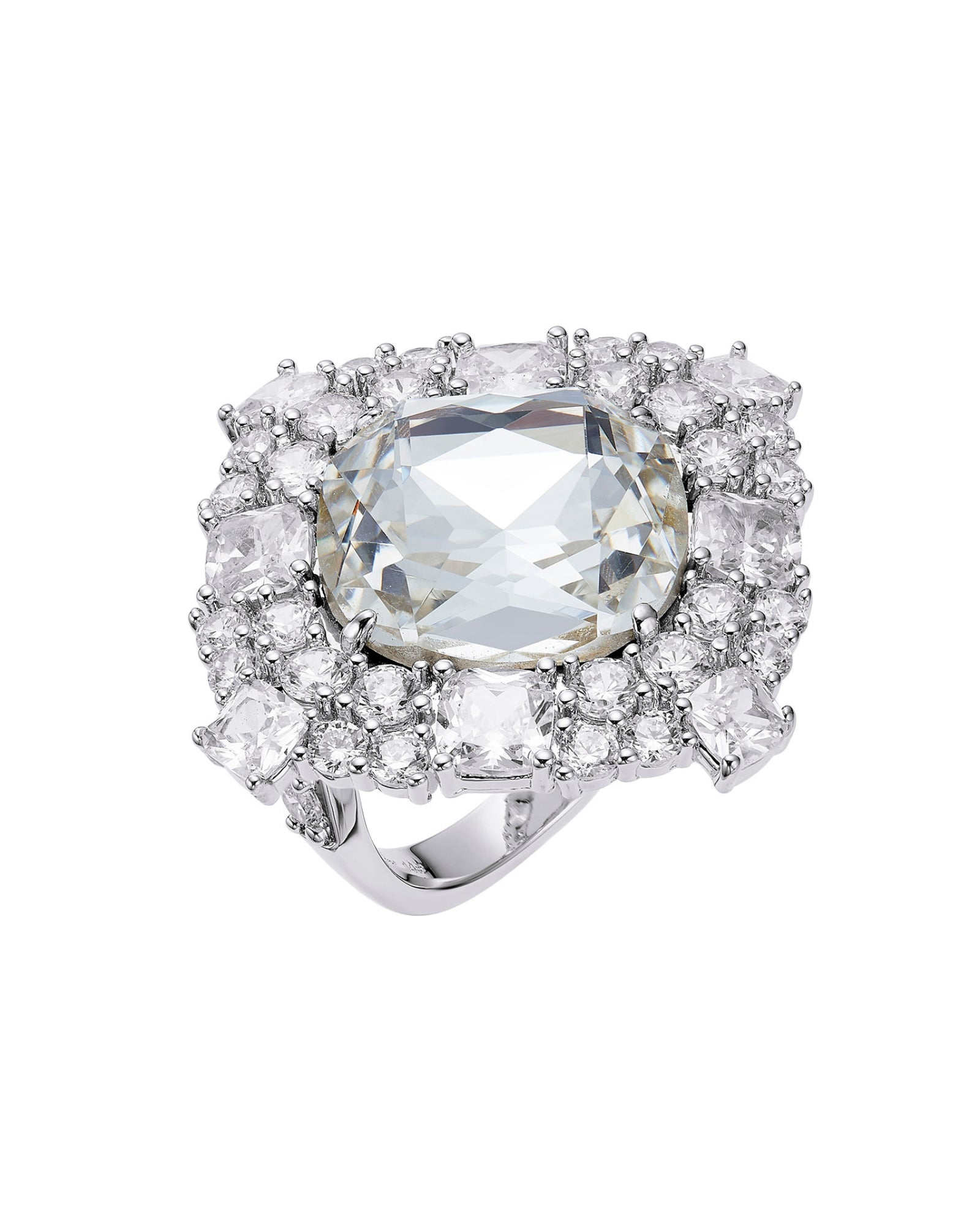 Elegant silver ring with a large central gemstone and smaller stones on a white background