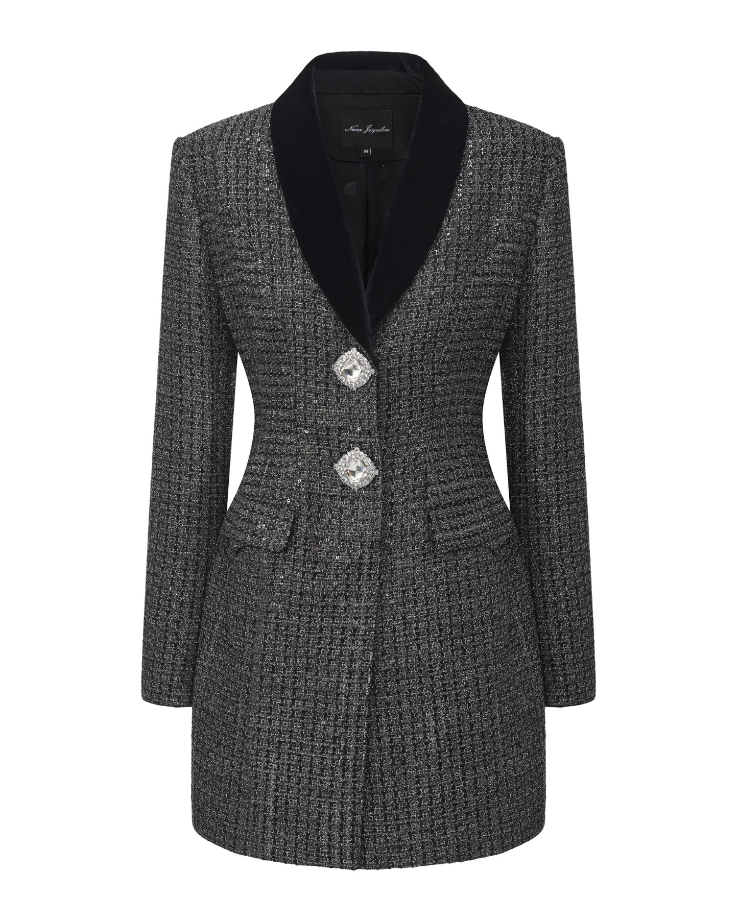 Gray textured coat with black velvet lapel on a white background