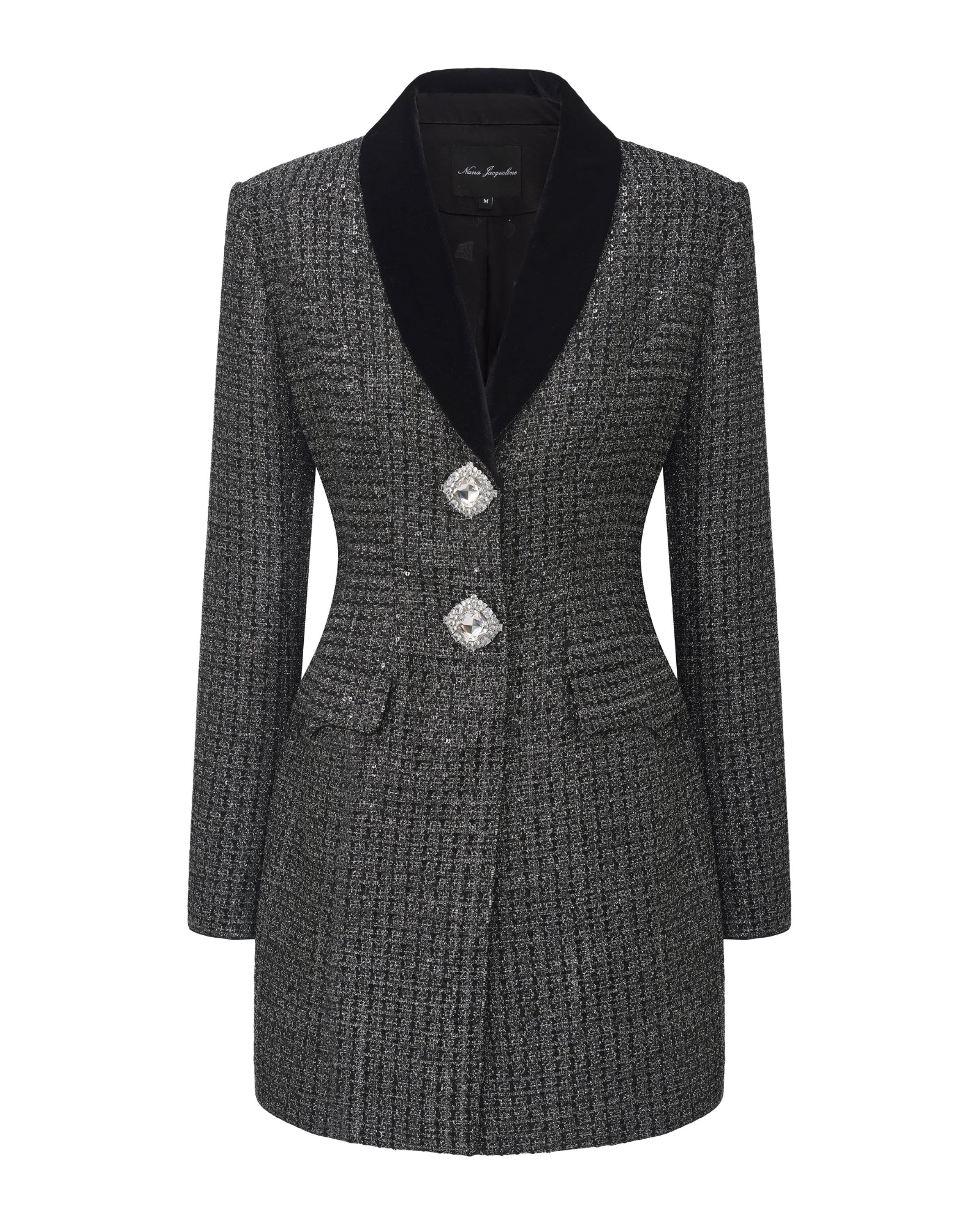 Gray textured coat with black velvet lapel on a white background