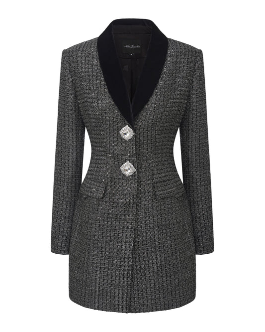 Gray textured coat with black velvet lapel on a white background