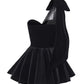 Black velvet mini dress with bow design on a white background