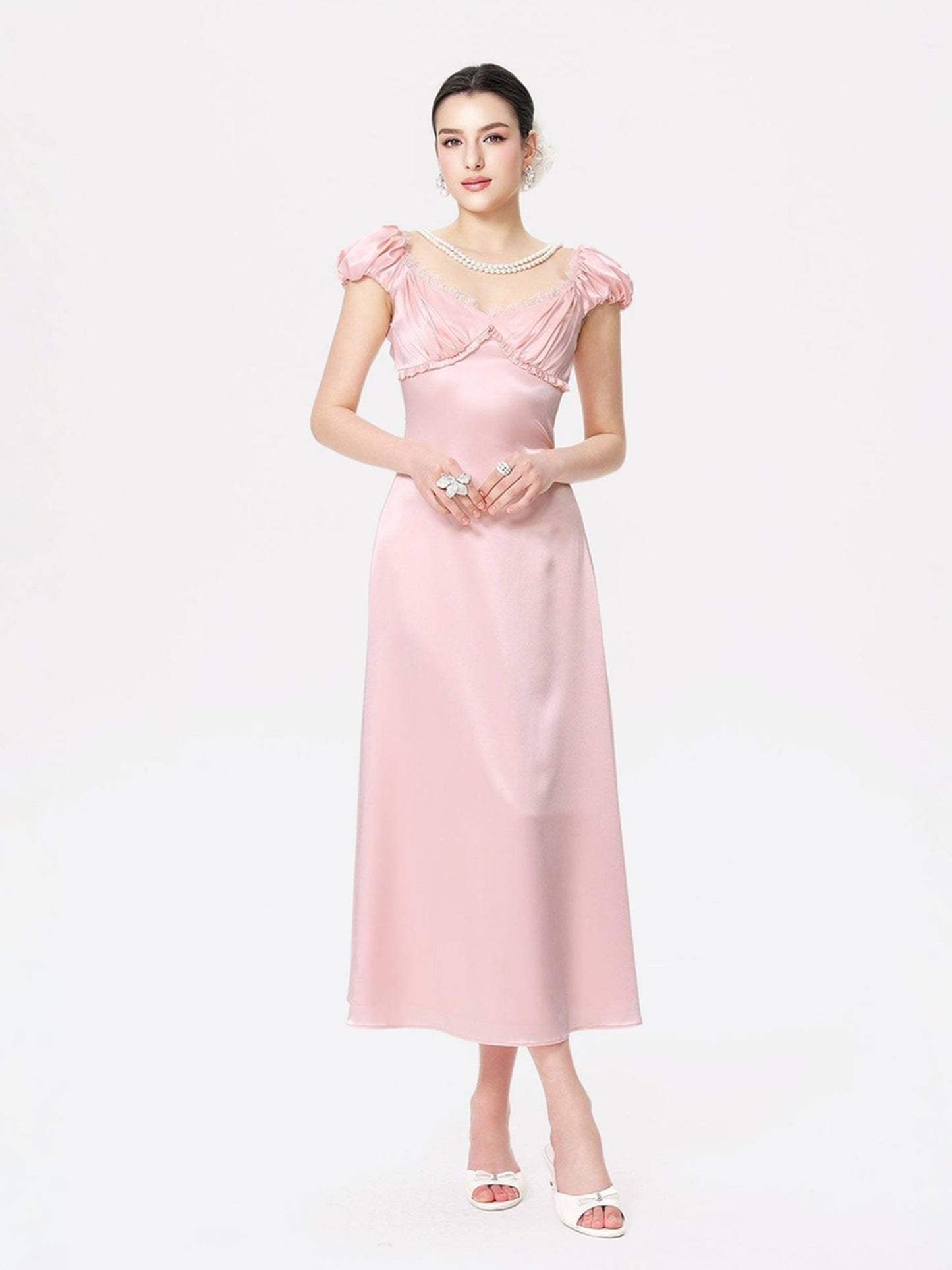 Elara blush pearlescent satin midi dress with puff sleeves and eyelash lace neckline β birthday dinner | Nana Jacqueline