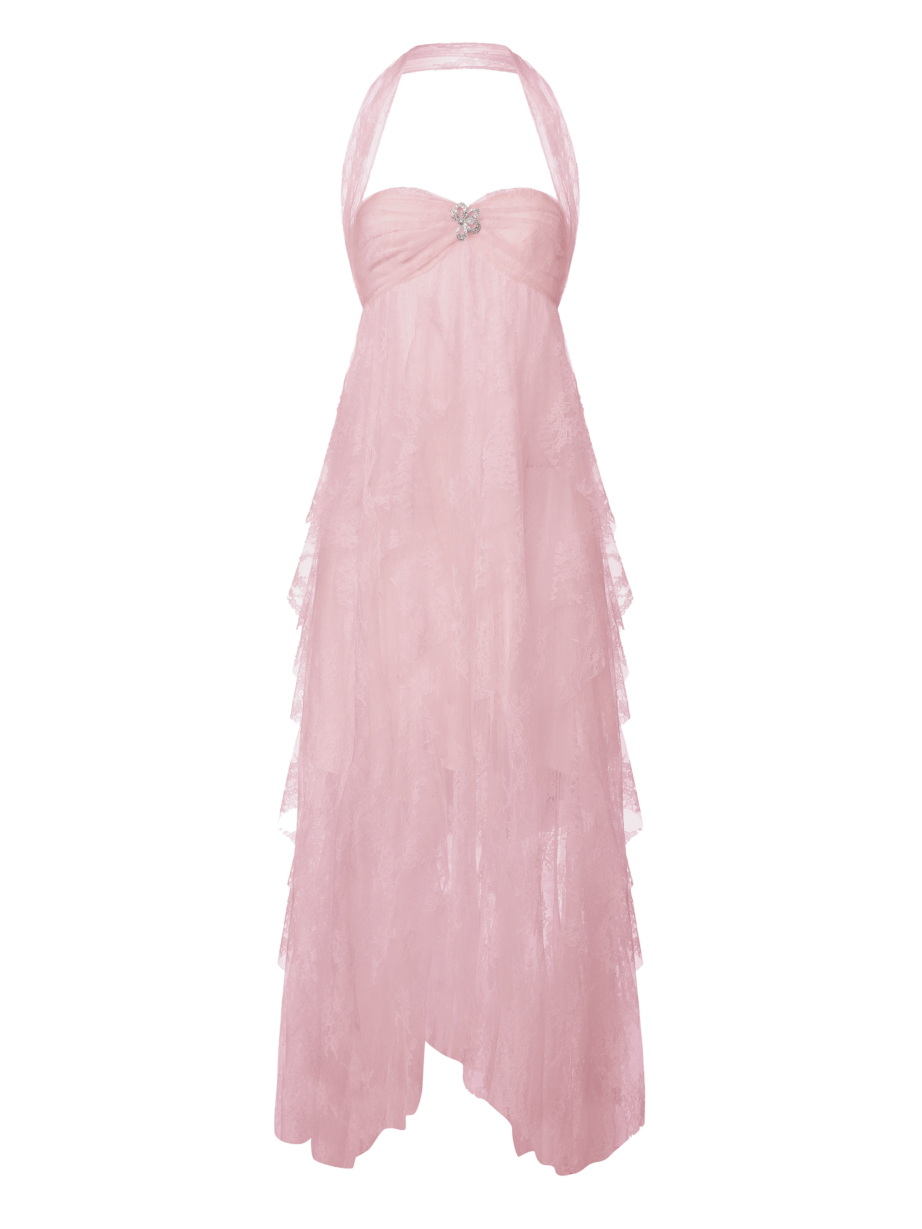 Pink evening gown with a halter neck on a white background