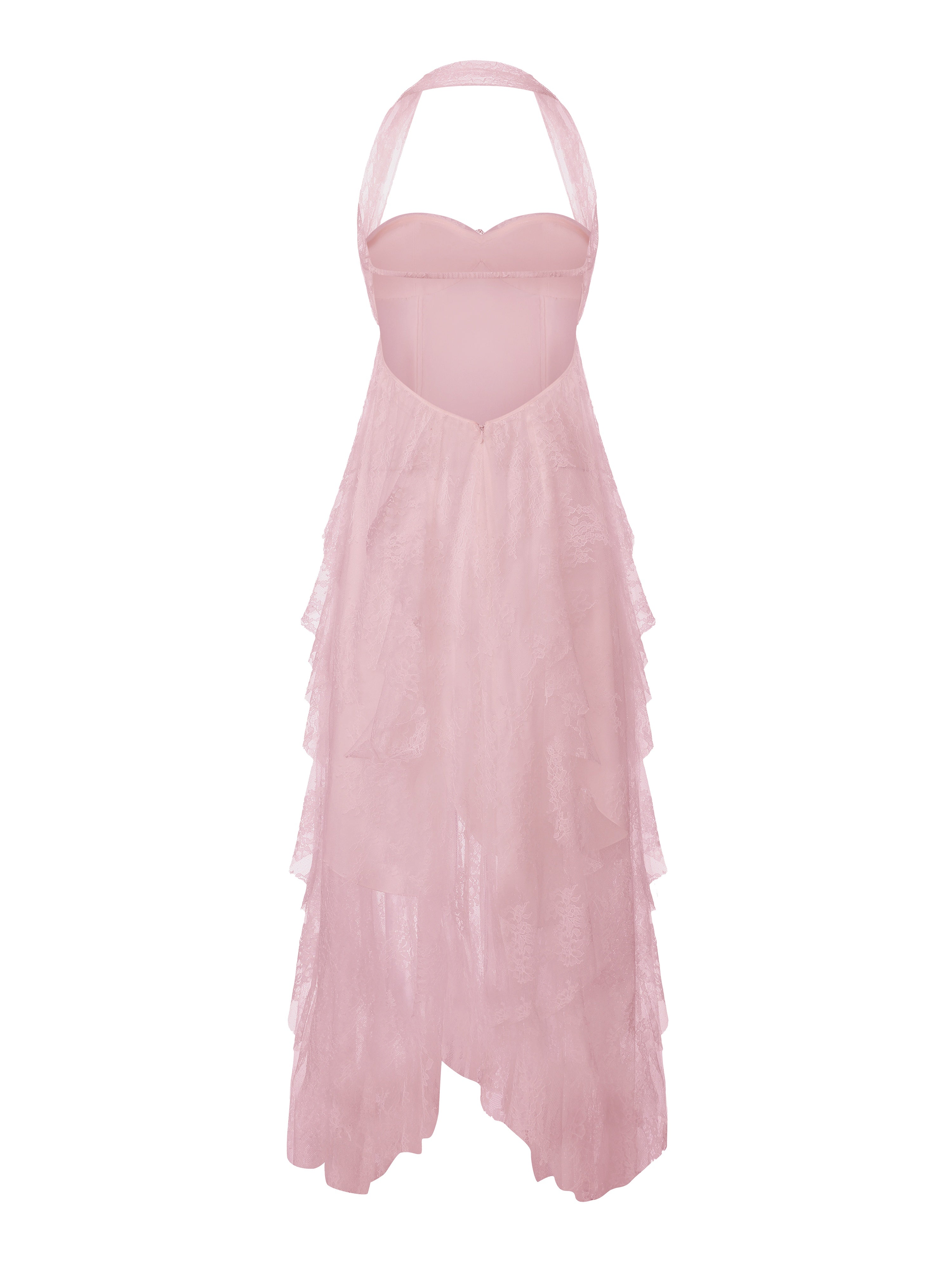 Pink dress with ruffled skirt on a white background